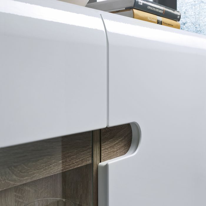 Frima 3 Door Glazed Sideboard in White with a Truffle Oak Trim