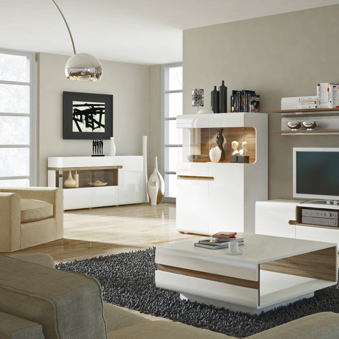 Frima 3 Door Glazed Sideboard in White with a Truffle Oak Trim