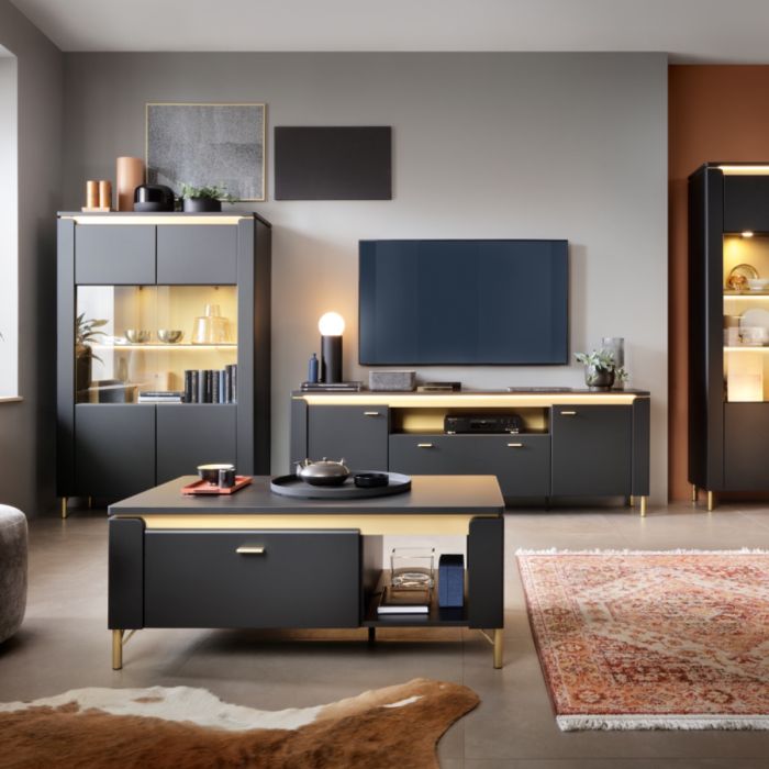 Drento TV Cabinet 2 Door 1 Drawer 200cm Wide in Black Matt/Gold