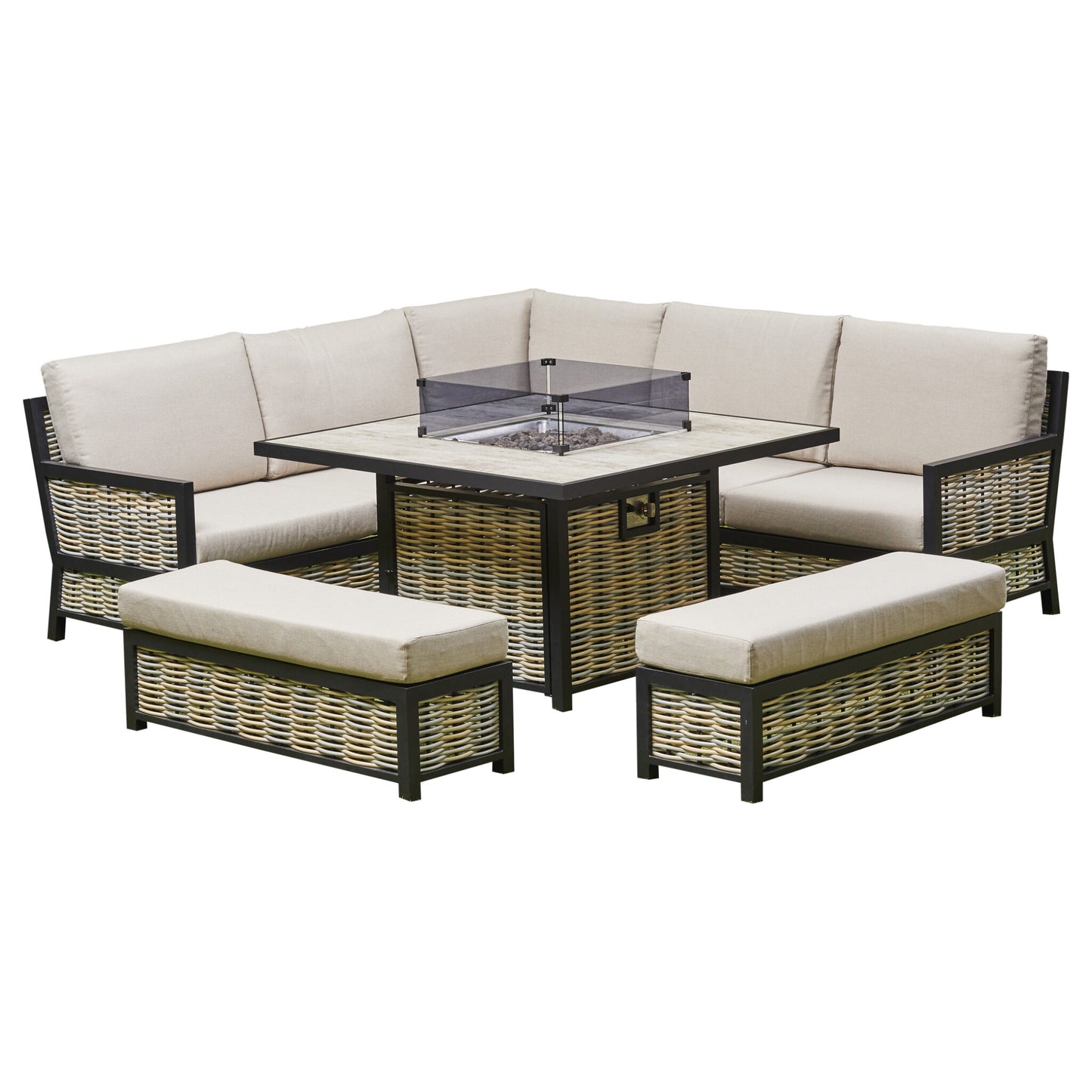 Vernis Aluminium Firepit Dining Set - Beige