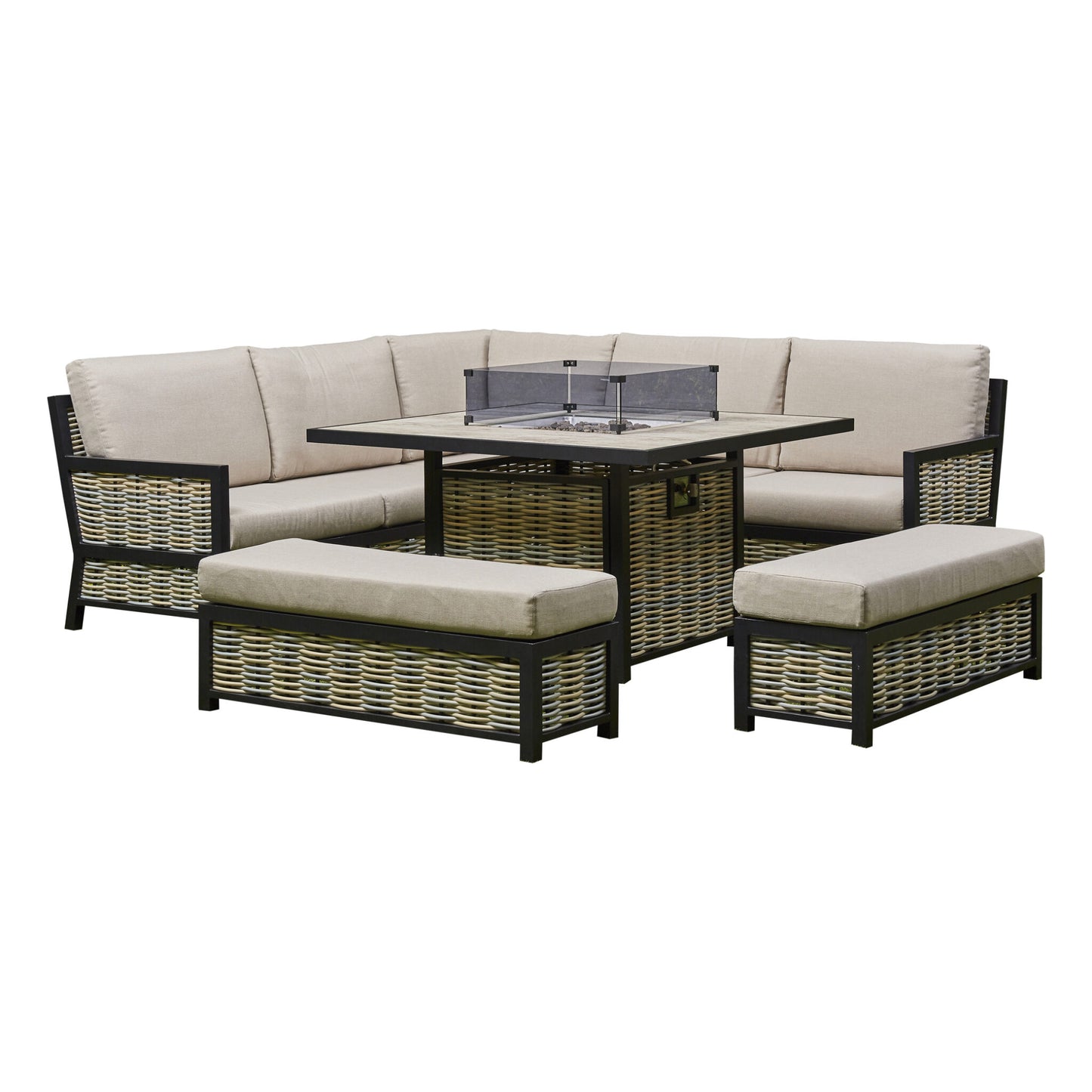 Vernis Aluminium Firepit Dining Set - Beige