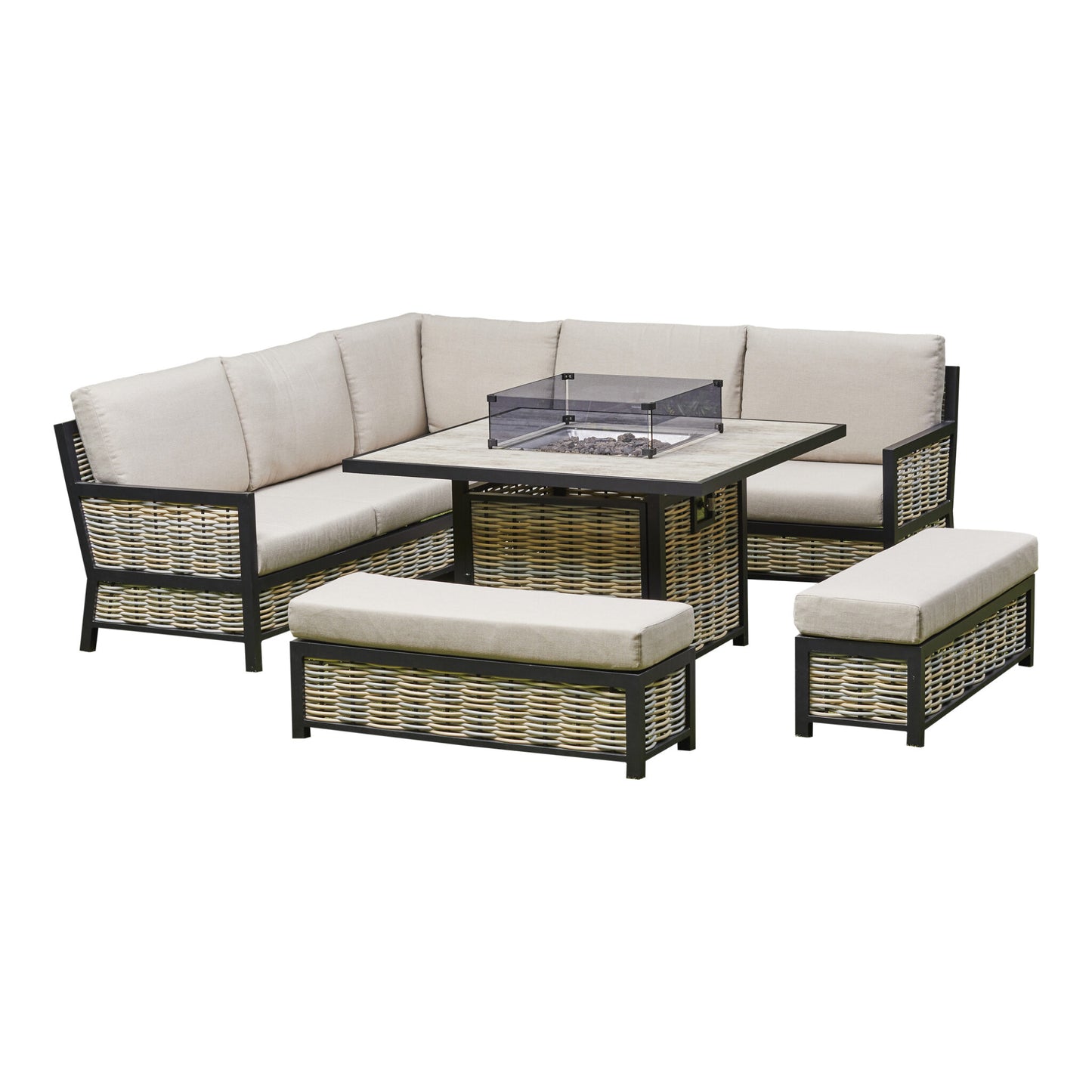 Vernis Aluminium Firepit Dining Set - Beige