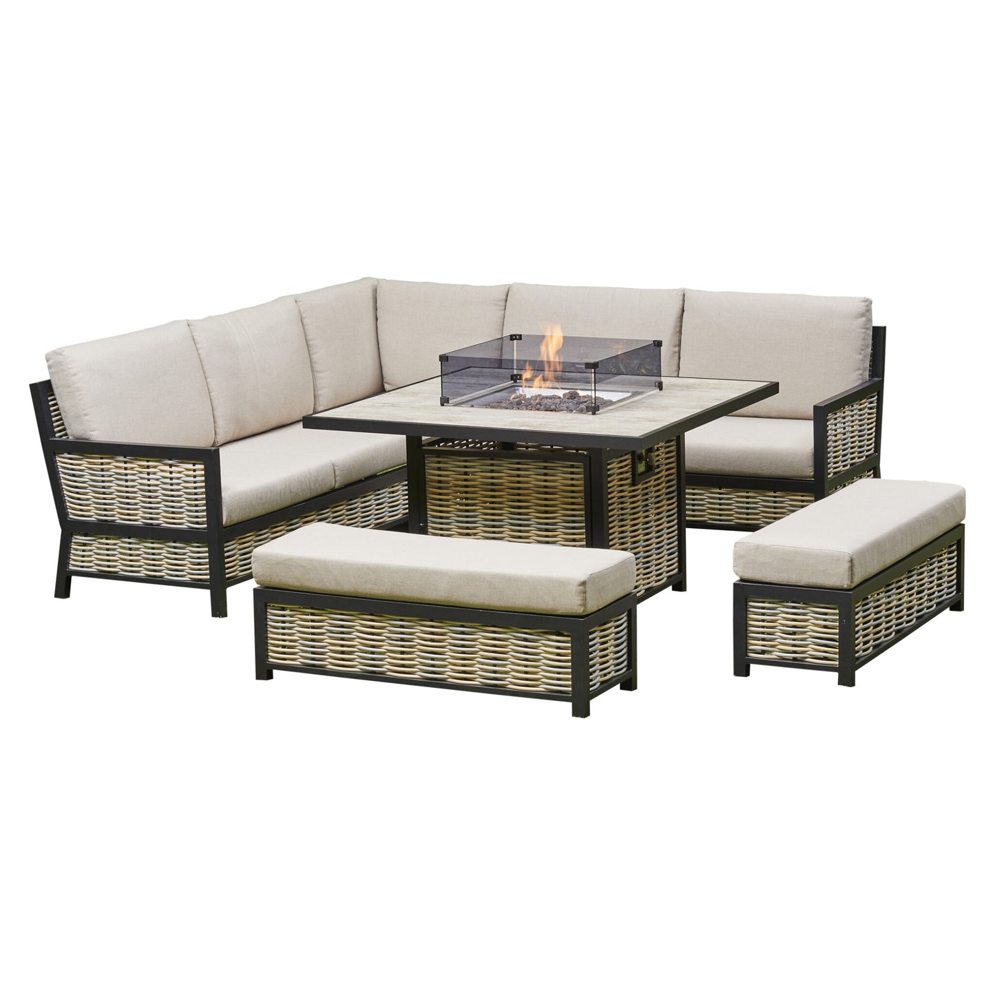 Vernis Aluminium Firepit Dining Set - Beige