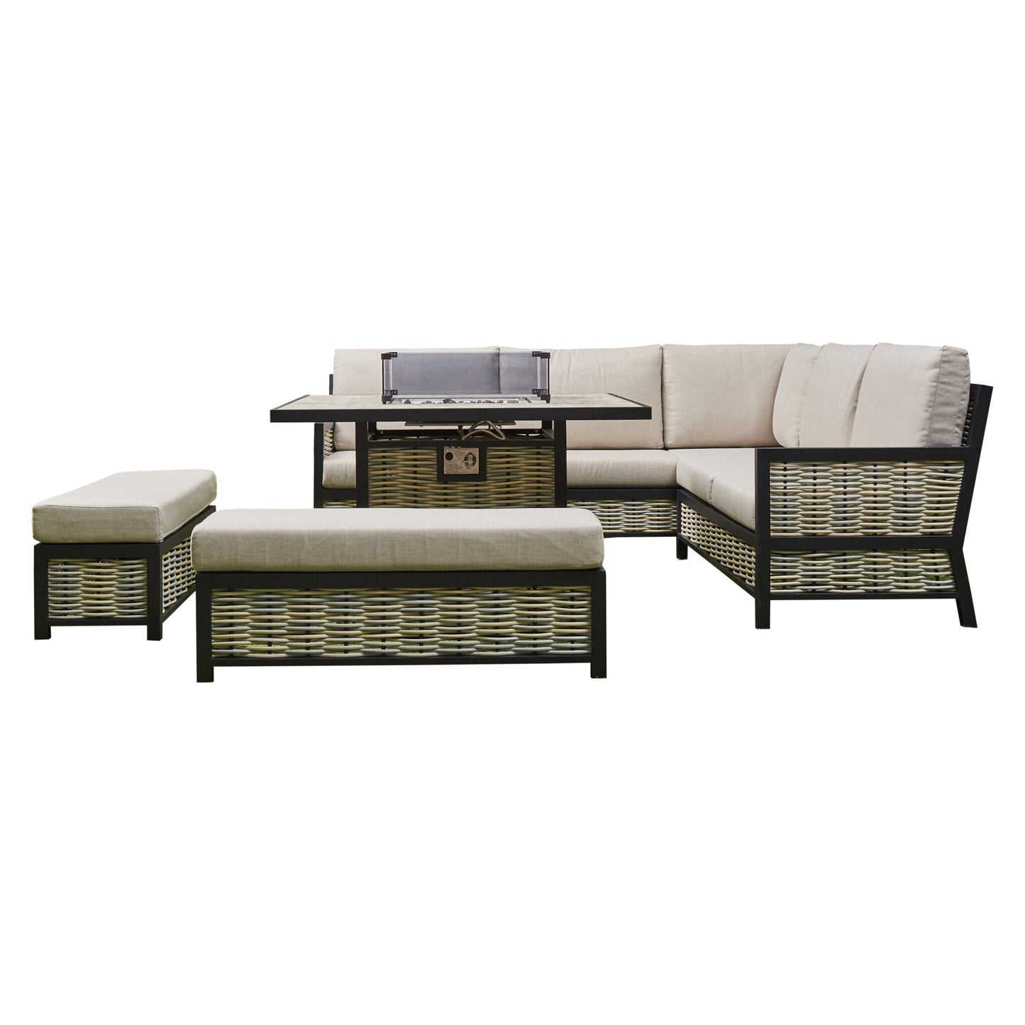 Vernis Aluminium Firepit Dining Set - Beige