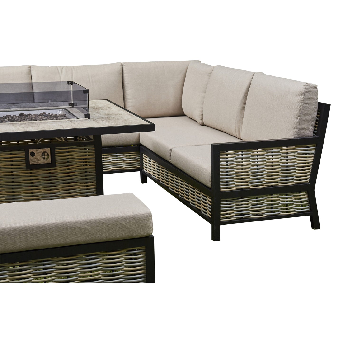 Vernis Aluminium Firepit Dining Set - Beige
