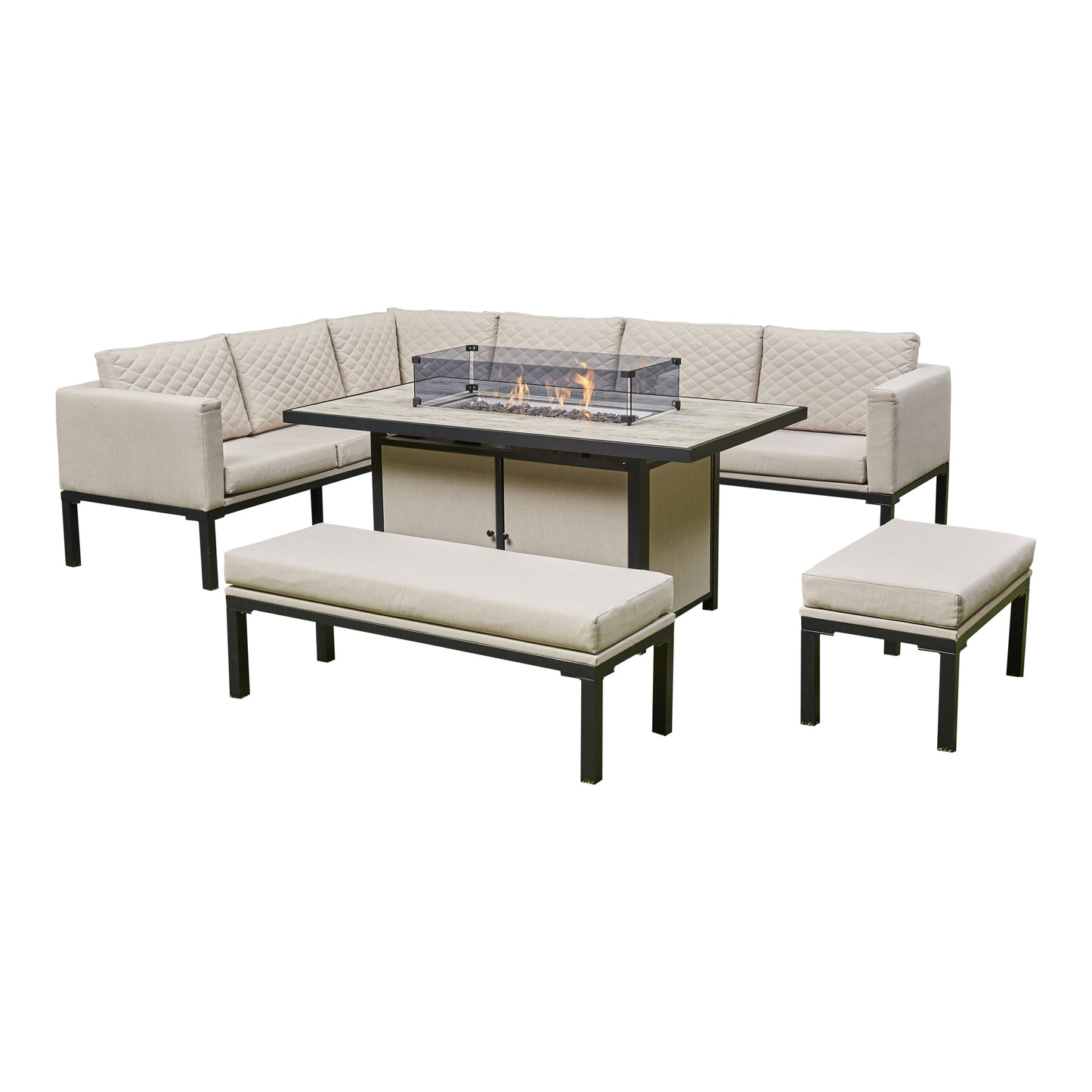 Cavara Aluminium Firepit Dining Set - Beige