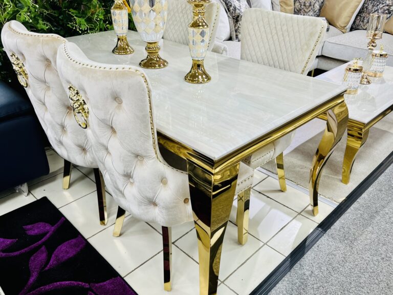 Sofia Cream & Gold Marble Table – All Sizes + Cream Dining Chairs