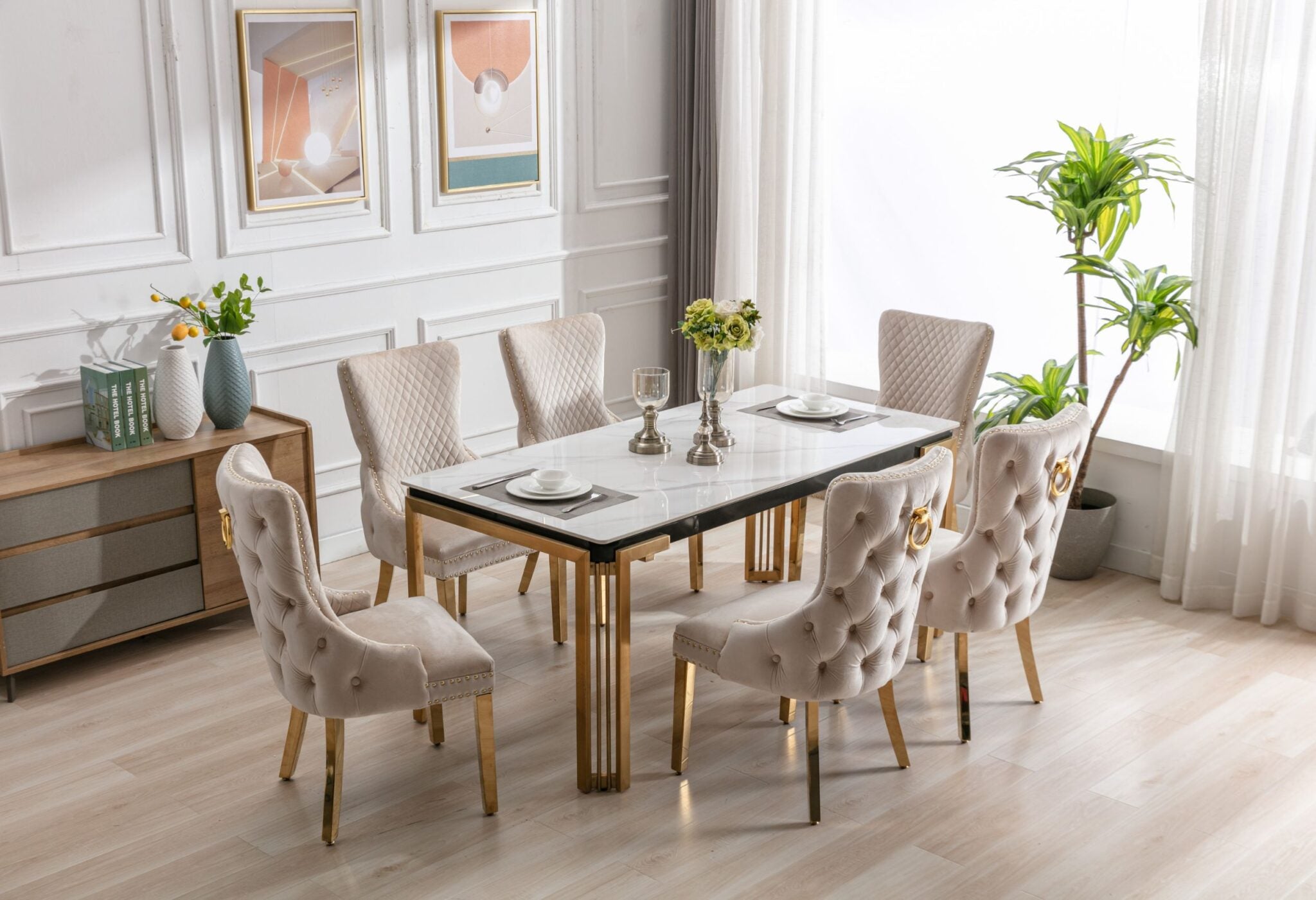 Sorrento Rectangle 150cm Ceramic Gold & Cream Table + Cream/Gold Ring Knocker Velvet Chairs