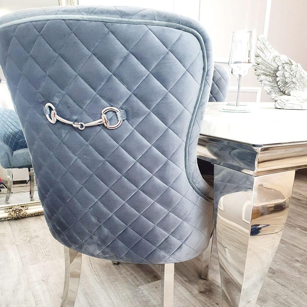 Kate Dark Grey French Plush Velvet Quilted Back Dining Chair With Chrome Clasp-Esme Furnishings