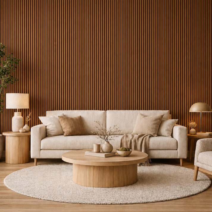 Acoustic Slatted Wall Panel - Teak Oak 2.4m x 0.6m (4 Pieces)