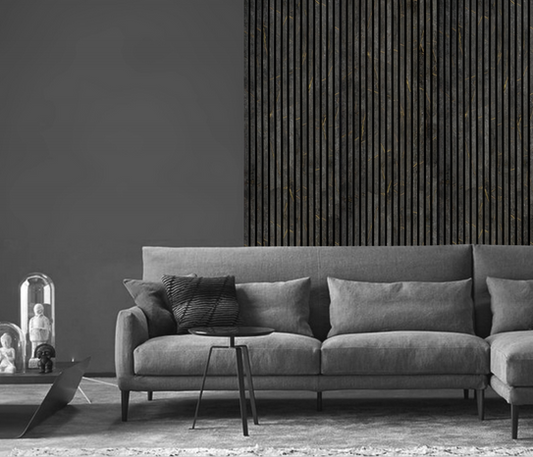 Acoustic Slatted Wall Panel - Black & Gold Marble  2.4m x 0.6m (4 Pieces)