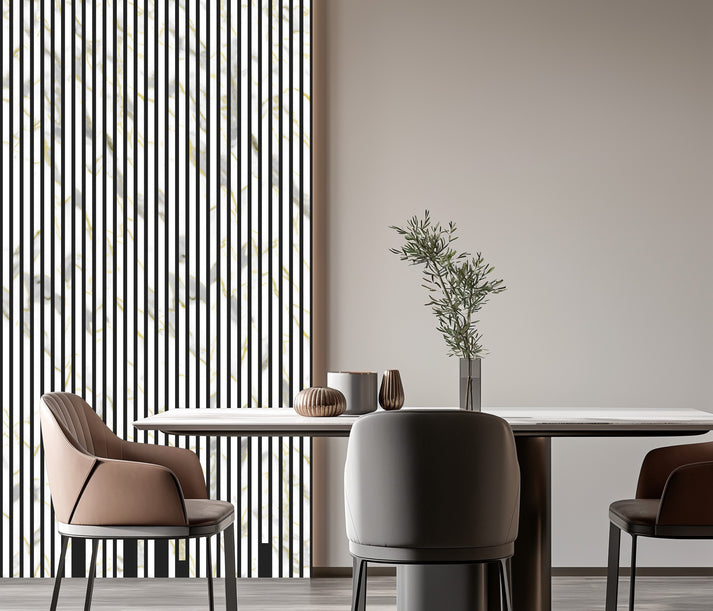 Acoustic Slatted Wall Panel - White and Gold Marble  2.4m x 0.6m (4 Pieces)