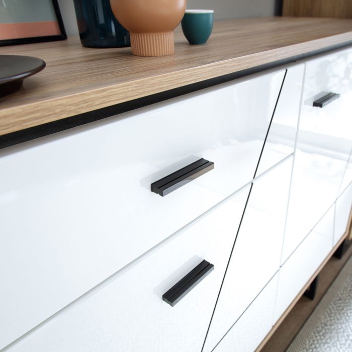 Fenlo 3 Door 1 Drawer Wide Sideboard With the Walnut and Dark Panel Finish