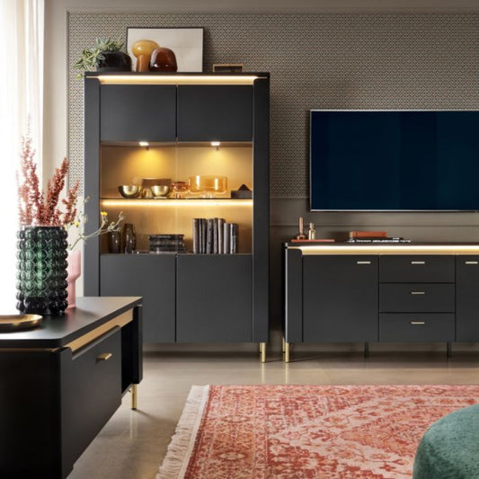 Drento TV Cabinet 2 Door 3 Drawer 155cm Wide in Black Matt/Gold