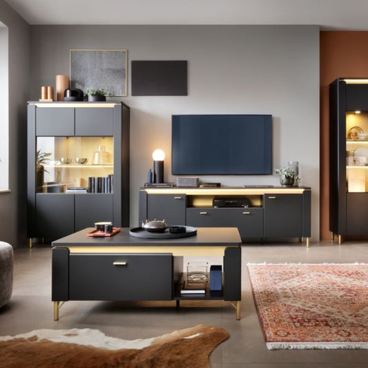 Drento TV Cabinet 2 Door 1 Drawer 200cm Wide in Black Matt/Gold