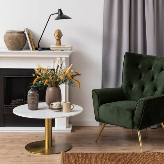 Breslo Round Coffee Table with White Polished Marble Top & Gold Base