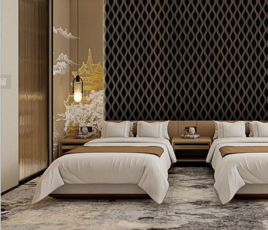 Modern bedroom with two beds, decorative acoustic wall panel in Walnut.