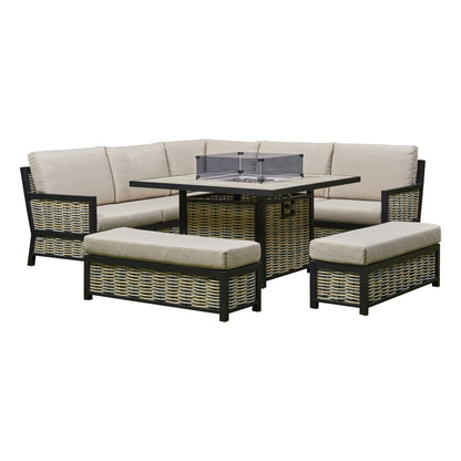 Vernis Aluminium Firepit Dining Set - Beige