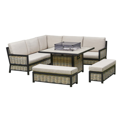 Vernis Aluminium Firepit Dining Set - Beige