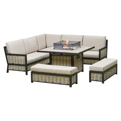 Vernis Aluminium Firepit Dining Set - Beige