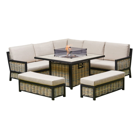 Vernis Aluminium Firepit Dining Set - Beige