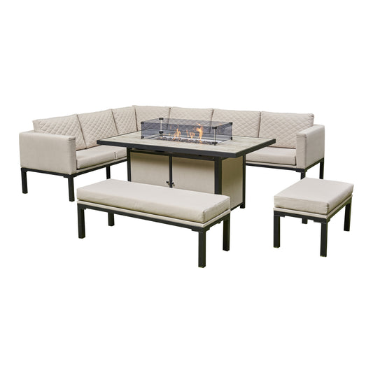 Cavara Aluminium Firepit Dining Set - Beige