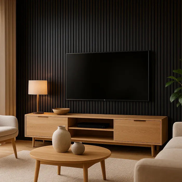 Acoustic Slatted Wall Panels - 3 sided - Colour Finish - Black - 240cm x 32cm (2 pieces)
