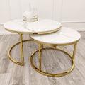 Cato Nest of 2 Short Round Coffee Gold Tables with Polar White Sintered Stone Tops