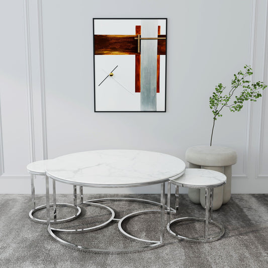 White Marble Nest of 3 Tables with Steel Legs