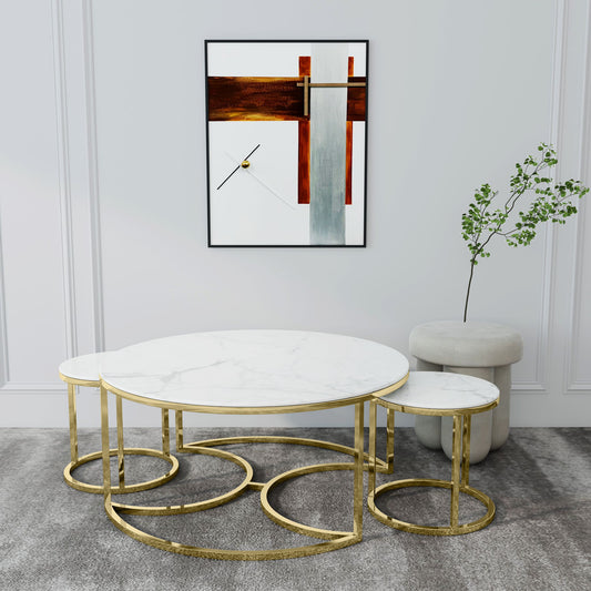 White Marble Nest of 3 Tables with Gold Steel Legs