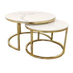 Cato Nest of 2 Short Round Coffee Gold Tables with Polar White Sintered Stone Tops