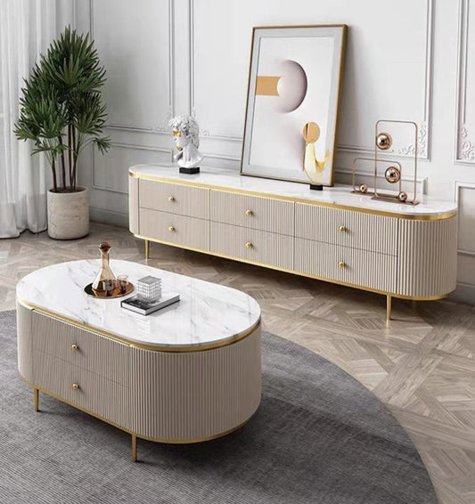 Cleo Ribbed Furniture Range - TV Unit - White & Gold