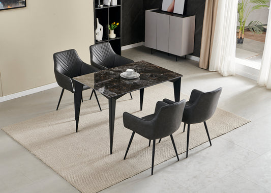 Miami 120cm Black & Gold Ceramic Dining Table + 4 Stanford Grey Leather Dining Chair