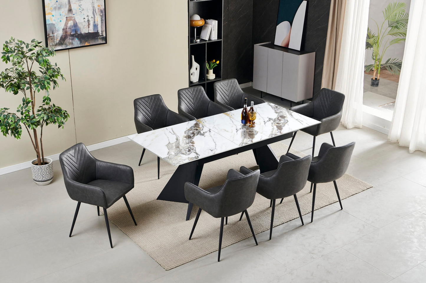 Chicago 160-200CM Cream & Gold Extending Dining Table With Ceramic Top + 4/6/8 Stanford Grey Leather Dining Chair