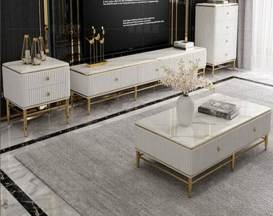 Edena Ribbed Furniture Range - Coffee Table - White & Gold
