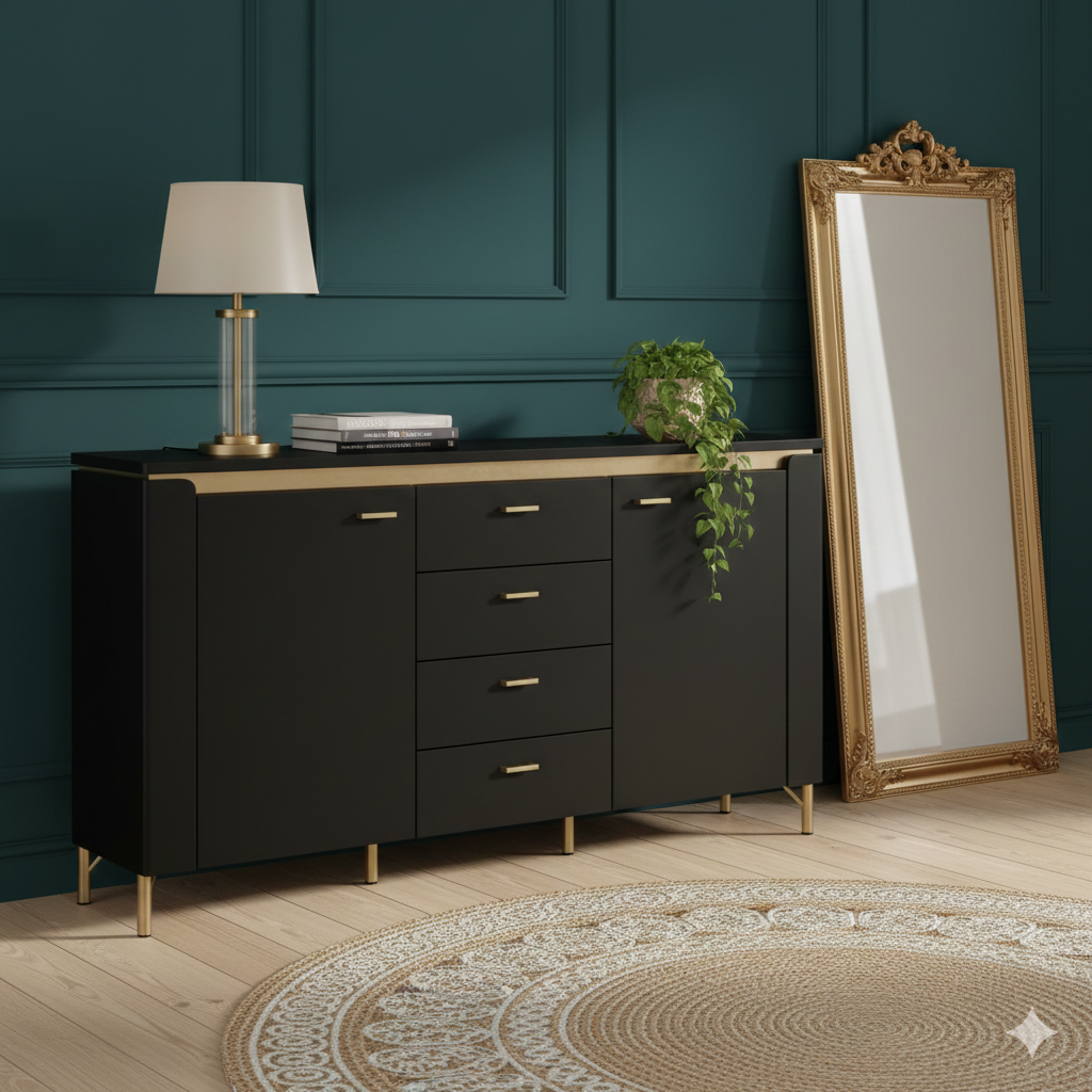 Drento Sideboard 2 Door 4 Drawer in Black Matt/Gold