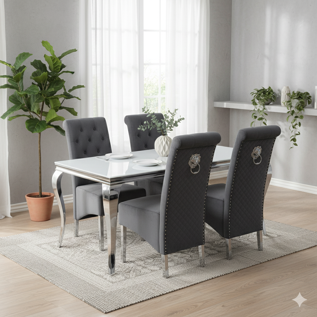 Louis White Glass Dining table with 4 Emma Dark Grey Chairs