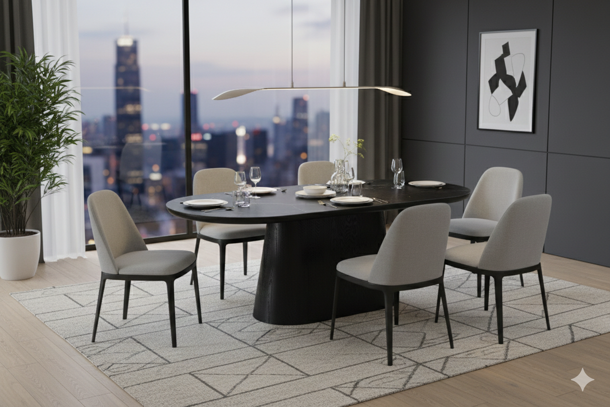 Bianca Black & Black Sintered Stone Oval Dining Table