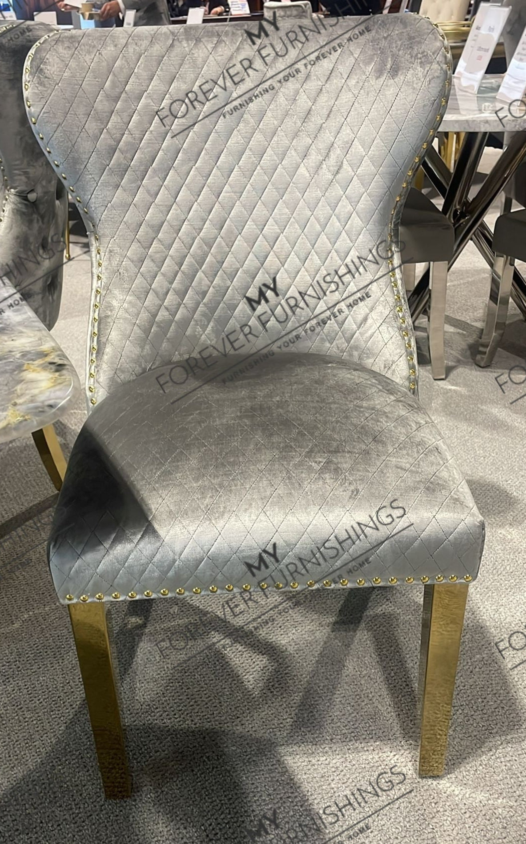 Lewis Light Grey Chair (Lion Knocker/Gold Legs)