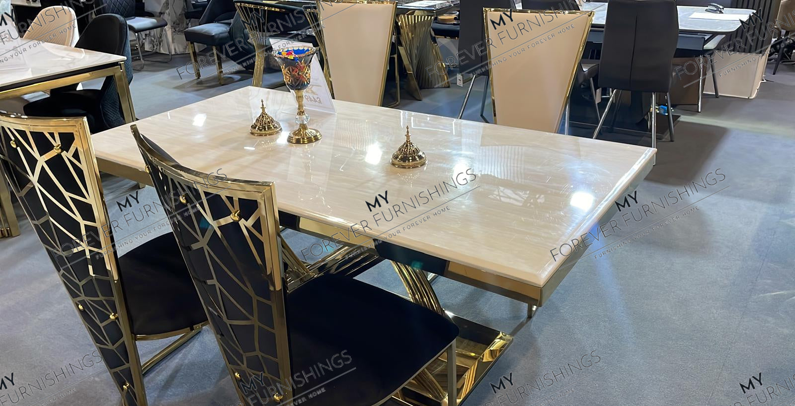 Elina 1.8M Cream Marble Gold Dining Table