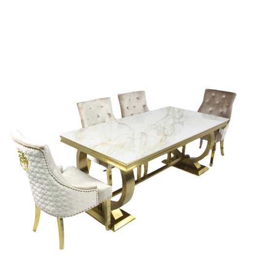 Arianna/Chelsea Gold 180cm Kasi Gold Ceramic Dining Table + 4/6 Roma Mink Dining Chair Lion Knocker Chairs