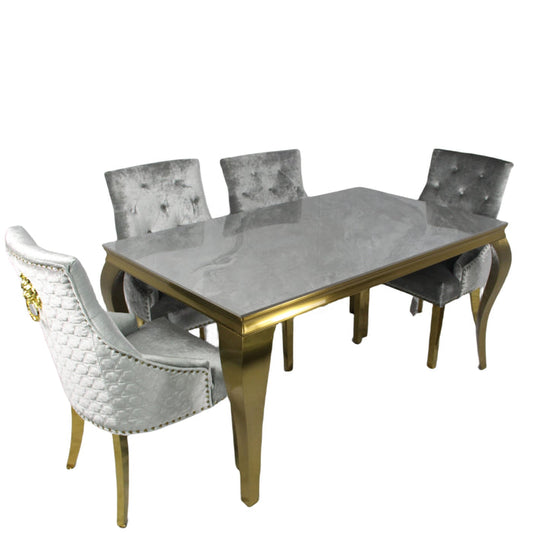 Louis Gold Grey Ceramic Dining Table 1.8M + 4/6 Roma Silver Grey Dining Chair