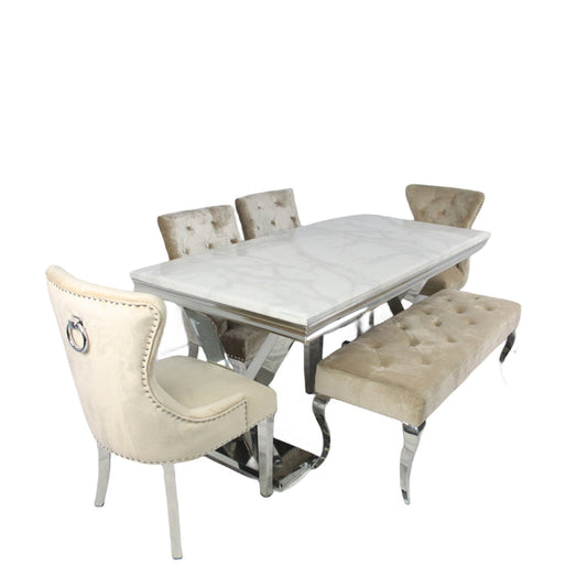 Xavia/Winsor 1.8 White Marble Dining Table +4 Chelsea Mink Chairs + Lewis Plush Mink Bench 130cm