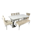 Winsor 1.8 White Marble Dining Table +4 Chelsea Mink Chairs + Lewis Plush Mink Bench 130cm