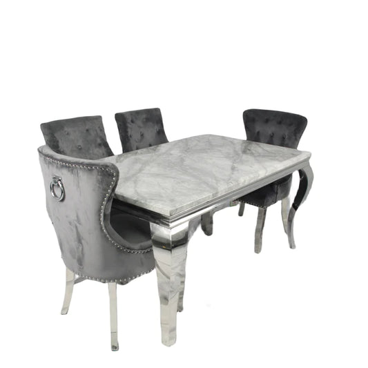 Louis 1.5M Grey Dining Table + 4 Dark Grey Chelsea Dining Ring Knocker Chairs