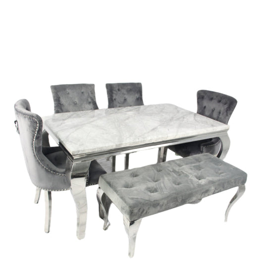 Louis 1.5M Grey Dining Table + 4 Dark Grey Chelsea Dining Ring Knocker Chairs + Louis Bench 130cm