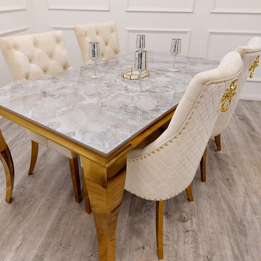 Louis Dining Table Gold with Glass/Sintered Stone Top (All Colours) 2M + Bentley Gold Chairs