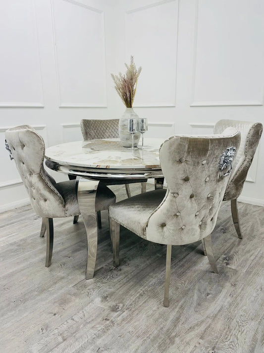 Louis Dining Table in Chrome/Gold 1.3M Round With Pandora Marble + 4 Chelsea/Bentley Dining Chairs