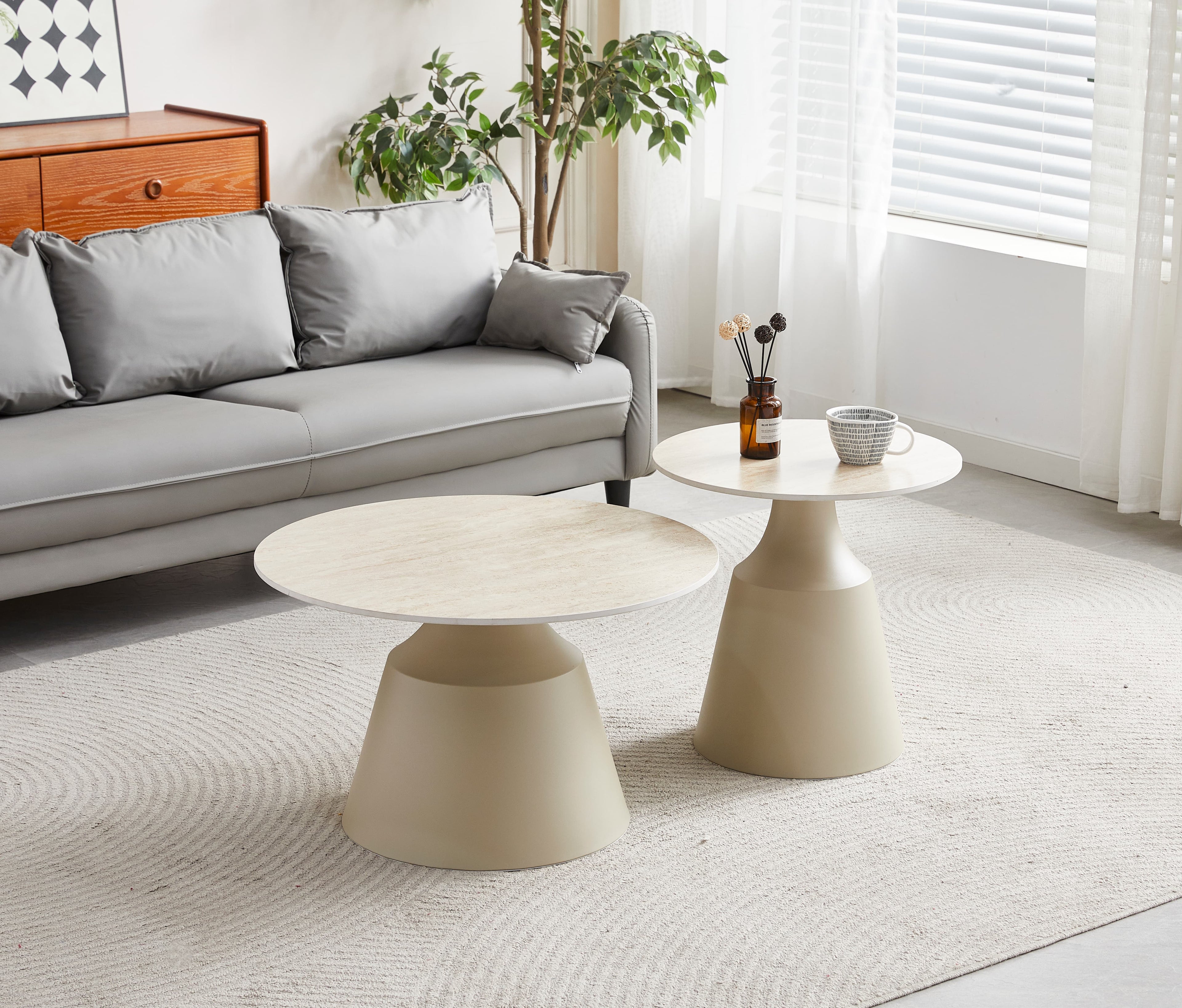 Luna Coffee & End Tables - Matt Taupe & Travertine