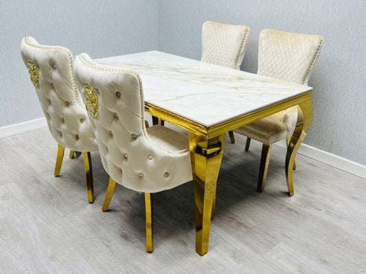 Sofia Cream & Gold Marble Table – All Sizes + Cream Dining Chairs